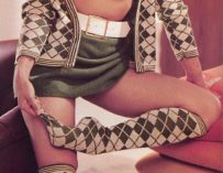 Gwen wong in green argyle high socks and sweater